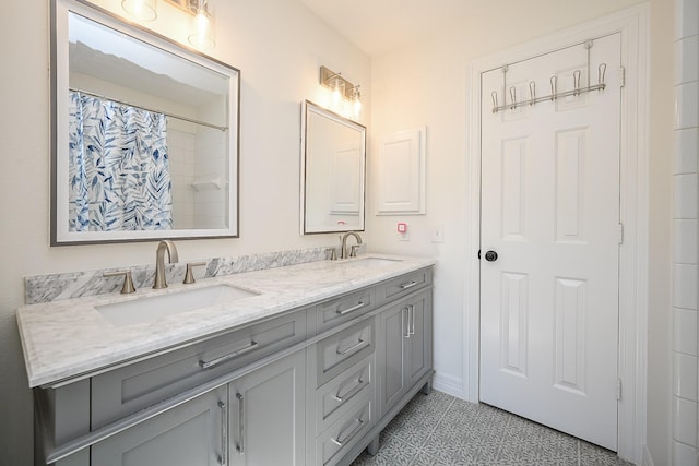 bathroom with tile patterned flooring, vanity, and a shower with shower curtain