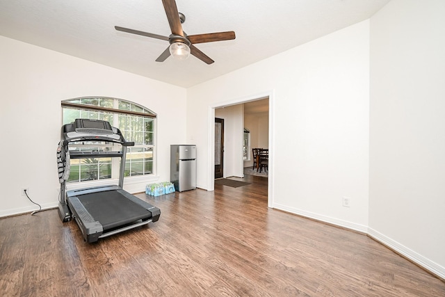 workout area featuring ceiling fan and dark wood-type flooring