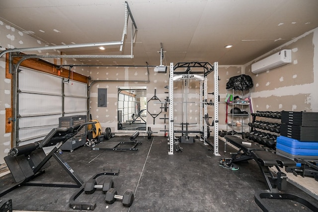 gym with an AC wall unit and electric panel