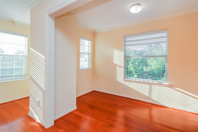 empty room featuring ornamental molding, a healthy amount of sunlight, and wood-type flooring