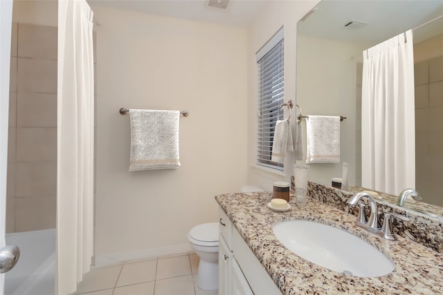 full bathroom with vanity, plus walk in shower, toilet, and tile patterned flooring