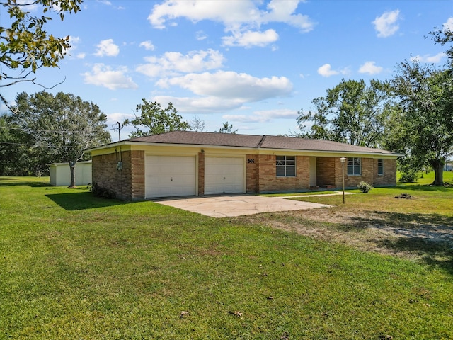 ranch-style house with a front yard and a garage