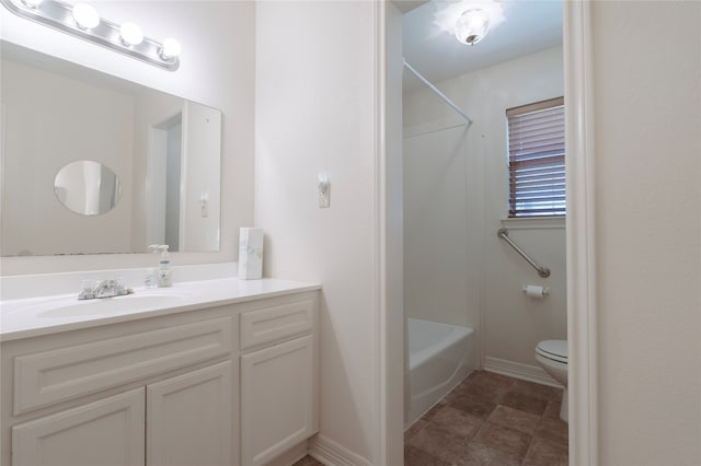 full bathroom featuring vanity, shower / tub combination, and toilet