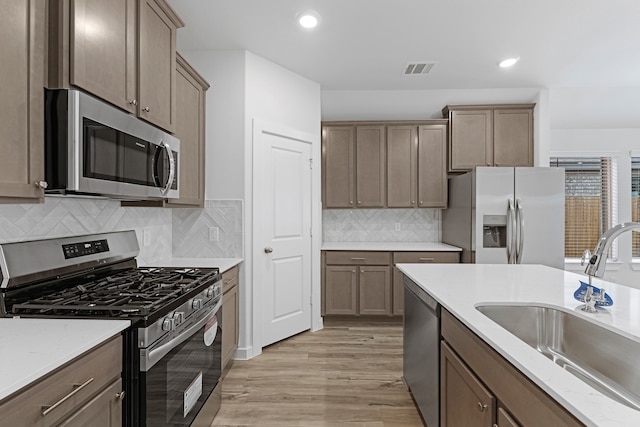 kitchen featuring light wood-type flooring, appliances with stainless steel finishes, sink, and decorative backsplash