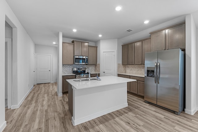 kitchen with stainless steel appliances, light hardwood / wood-style floors, sink, tasteful backsplash, and an island with sink