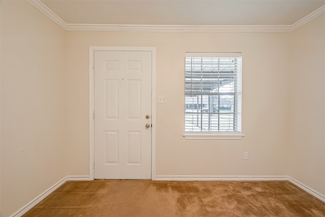 carpeted entryway with ornamental molding