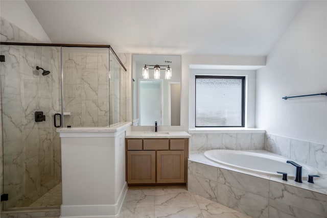 bathroom featuring lofted ceiling, vanity, and independent shower and bath