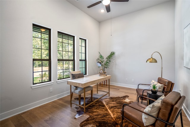 office space featuring hardwood / wood-style flooring and ceiling fan