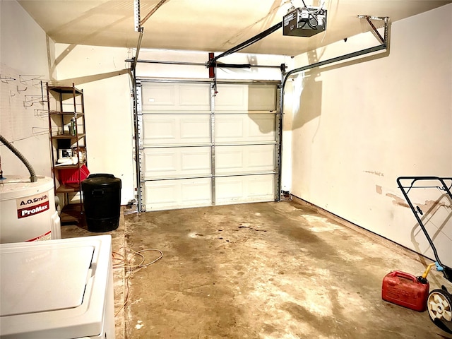 garage featuring water heater, a garage door opener, and washer / dryer