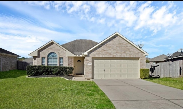 ranch-style home featuring a garage and a front lawn