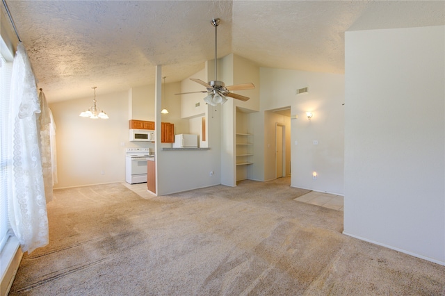 unfurnished living room featuring a textured ceiling, high vaulted ceiling, ceiling fan with notable chandelier, and light colored carpet