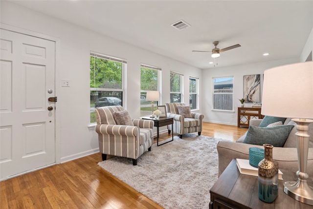 living room with ceiling fan and light wood-type flooring