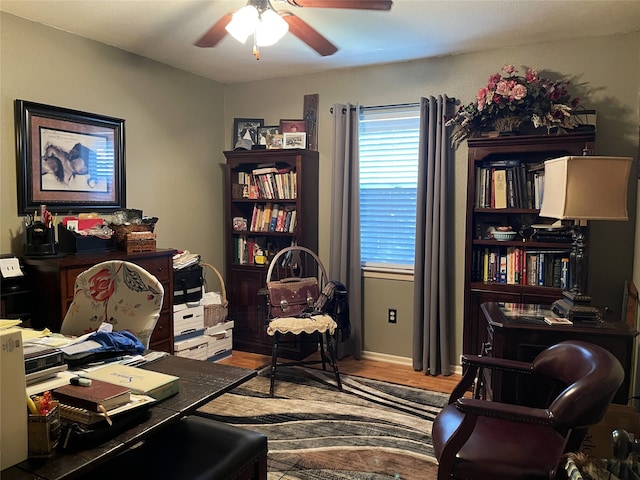 office featuring ceiling fan and hardwood / wood-style floors