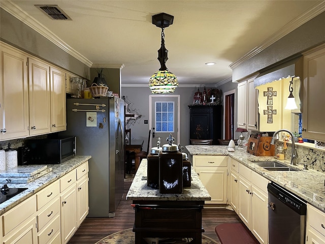 kitchen with pendant lighting, crown molding, dark hardwood / wood-style flooring, sink, and stainless steel appliances