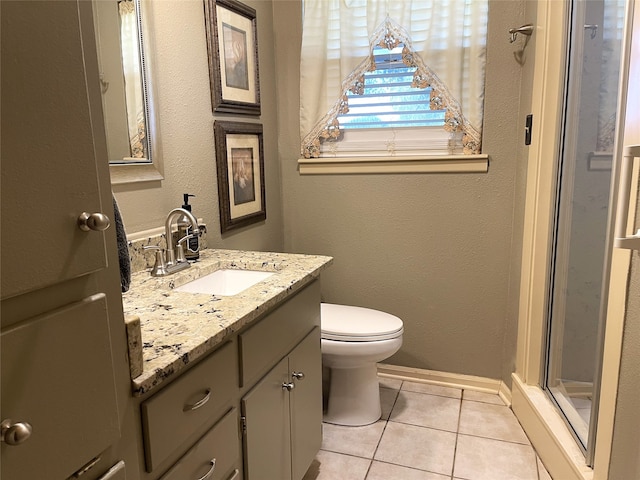 bathroom with tile patterned floors, an enclosed shower, toilet, and vanity