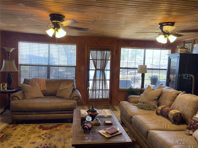 living room with ceiling fan, wood walls, and wooden ceiling