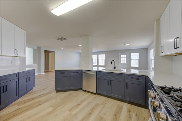 kitchen featuring appliances with stainless steel finishes, sink, kitchen peninsula, white cabinetry, and light hardwood / wood-style floors