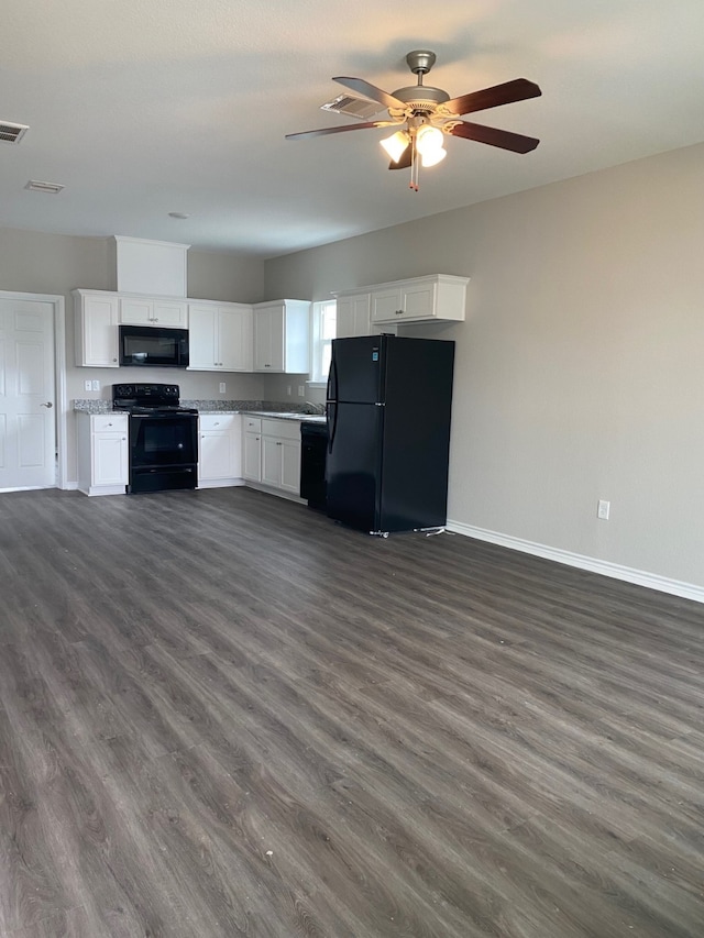 kitchen featuring white cabinets, ceiling fan, black appliances, and dark hardwood / wood-style floors