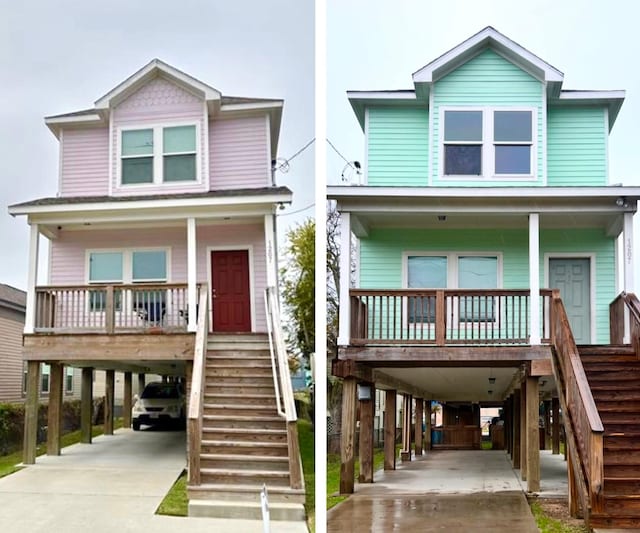 beach home with covered porch and a carport