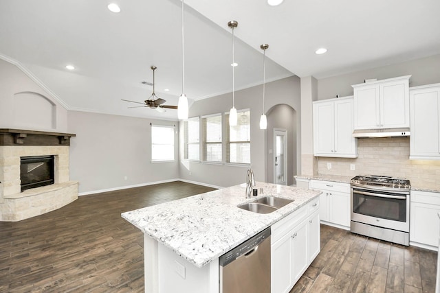 kitchen with appliances with stainless steel finishes, ceiling fan, sink, white cabinets, and dark hardwood / wood-style floors