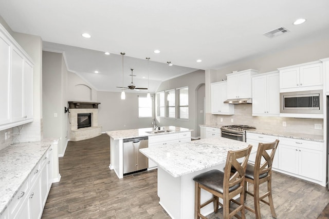 kitchen with a kitchen island with sink, dark wood-type flooring, sink, ceiling fan, and stainless steel appliances