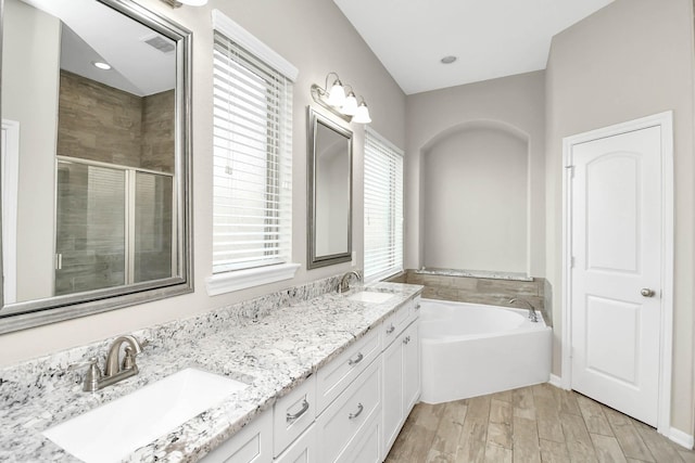 bathroom featuring vanity, separate shower and tub, and wood-type flooring