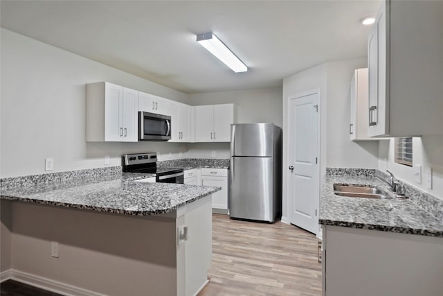 kitchen featuring kitchen peninsula, sink, white cabinets, stone counters, and appliances with stainless steel finishes