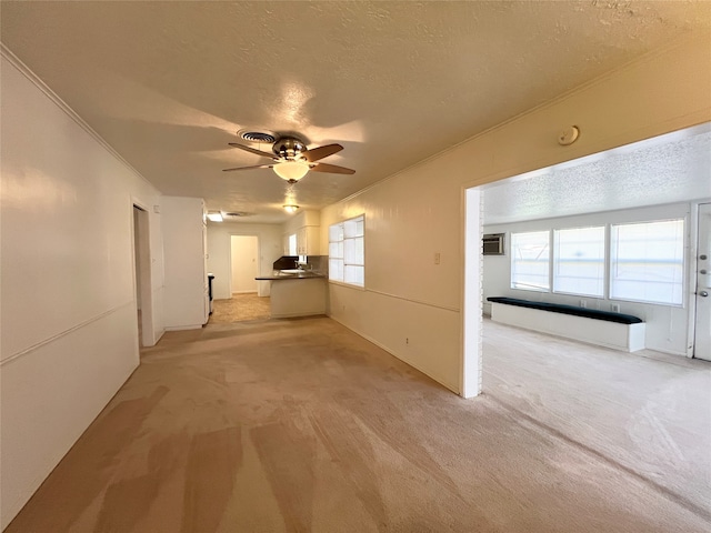 empty room featuring light carpet, a textured ceiling, and ceiling fan