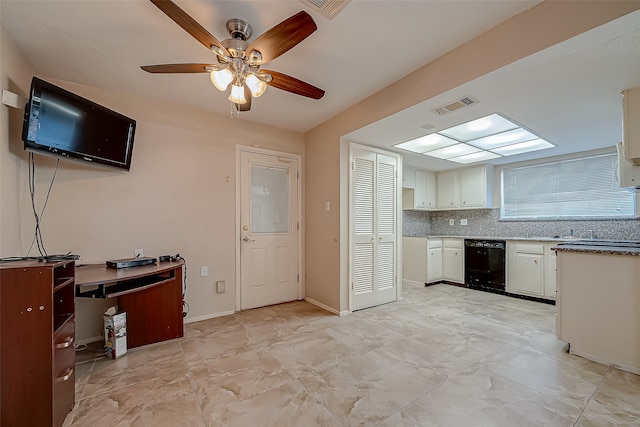 kitchen featuring dishwasher, ceiling fan, white cabinetry, and tasteful backsplash