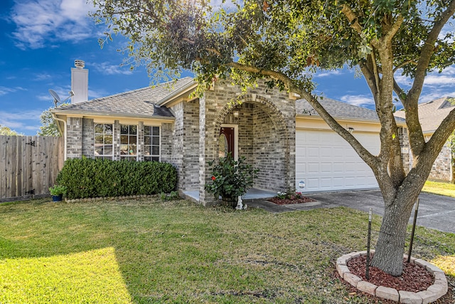 view of front of property with a garage and a front lawn