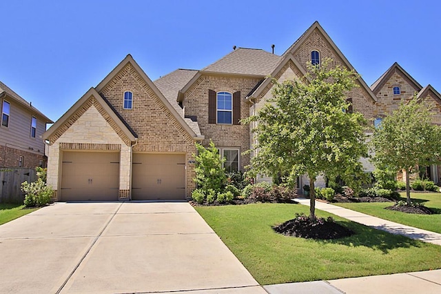 27827 Ramble Rock Ct, Katy, TX 77494 - french country inspired facade with driveway, brick siding, a front yard, and a garage