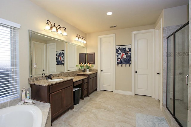 27827 Ramble Rock Ct, Katy, TX 77494 - bathroom featuring a shower stall, healthy amount of natural light, vanity, and a garden tub