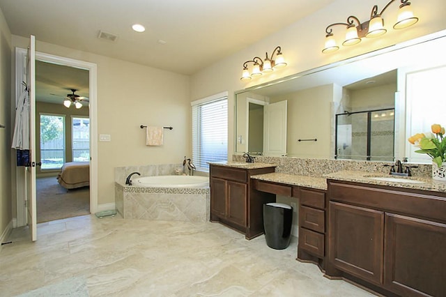 27827 Ramble Rock Ct, Katy, TX 77494 - ensuite bathroom with a stall shower, a bath, a ceiling fan, vanity, and marble finish floors