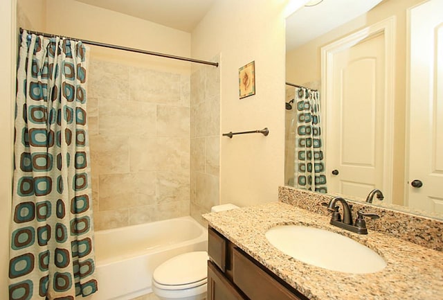 27827 Ramble Rock Ct, Katy, TX 77494 - bathroom with shower / bathtub combination with curtain, toilet, and vanity