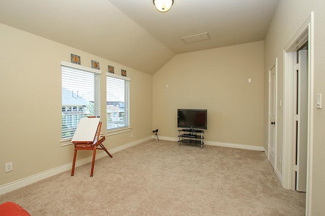 27827 Ramble Rock Ct, Katy, TX 77494 - sitting room featuring light colored carpet, lofted ceiling, and baseboards