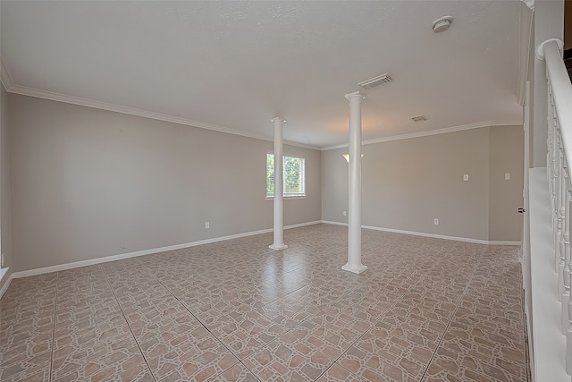 basement with tile patterned flooring and ornamental molding