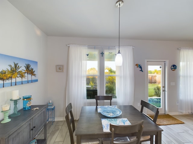 dining space with light hardwood / wood-style flooring