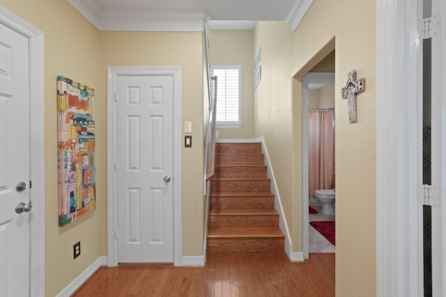 stairs featuring hardwood / wood-style flooring and ornamental molding