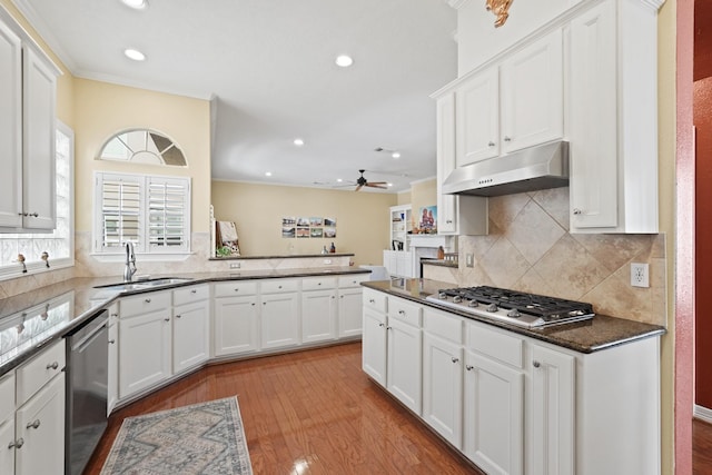 kitchen featuring white cabinets, sink, ceiling fan, kitchen peninsula, and stainless steel appliances