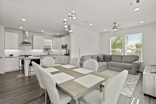 dining room with sink, ceiling fan, and light hardwood / wood-style flooring