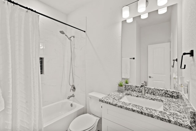 full bathroom featuring vanity, toilet, and shower / bathtub combination with curtain