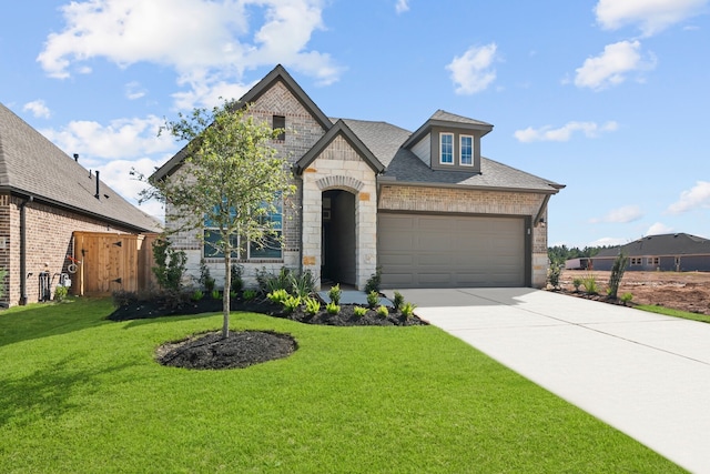 french country home with a front yard and a garage