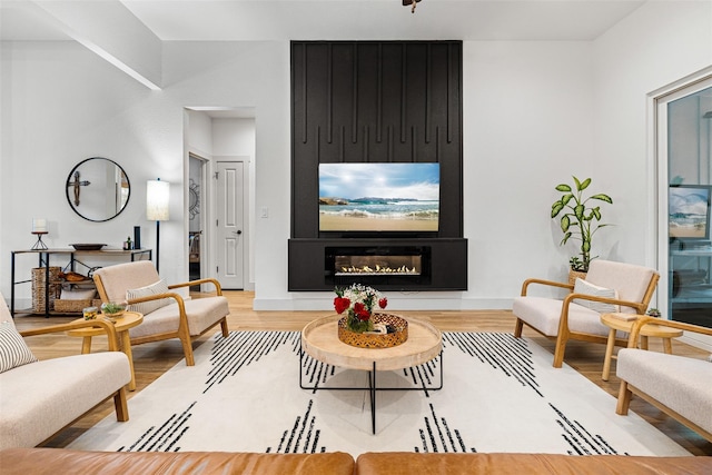 living room with wood-type flooring and a large fireplace