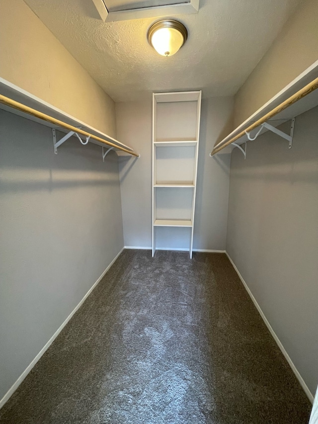 walk in closet featuring dark carpet