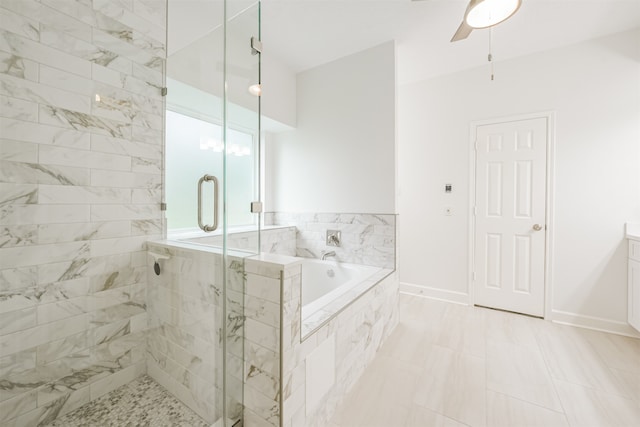 bathroom featuring vanity, ceiling fan, tile patterned floors, and separate shower and tub