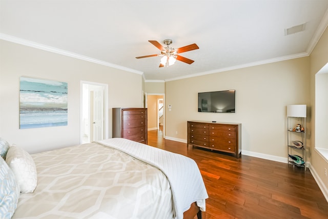 bedroom with ceiling fan, ornamental molding, and dark hardwood / wood-style flooring