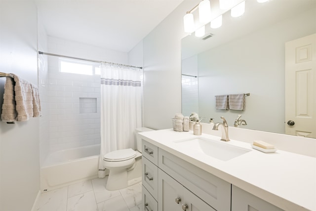 full bathroom with toilet, vanity, and shower / bathtub combination with curtain