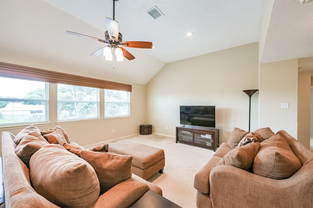 living room with light carpet, lofted ceiling, and ceiling fan