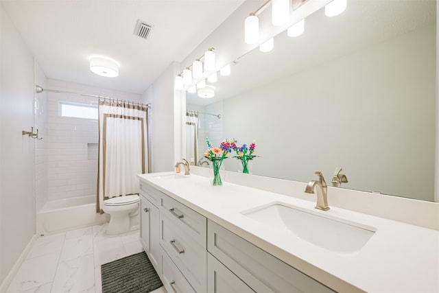 full bathroom featuring toilet, vanity, and shower / bathtub combination with curtain