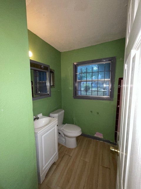 bathroom with toilet, hardwood / wood-style floors, and vanity